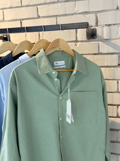 Linen-Blend Sage Green Boxy Shirt