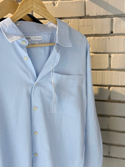 Linen-Blend Sky Blue Boxy Shirt