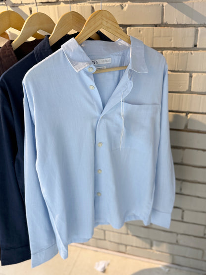 Linen-Blend Sky Blue Boxy Shirt