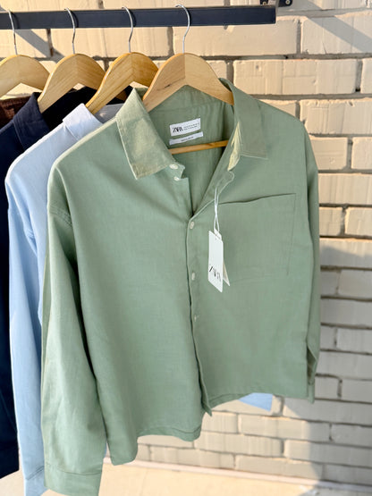 Linen-Blend Sage Green Boxy Shirt