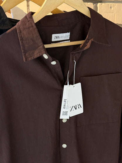Linen-Blend Coffee Boxy Shirt