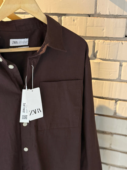 Linen-Blend Coffee Boxy Shirt
