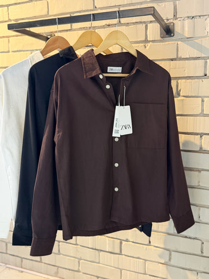 Linen-Blend Coffee Boxy Shirt