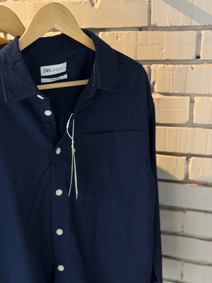 Linen-Blend Navy blue Boxy Shirt