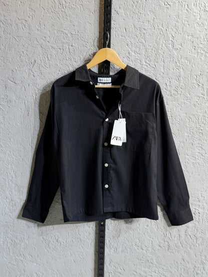 Linen-Blend Black Boxy Shirt