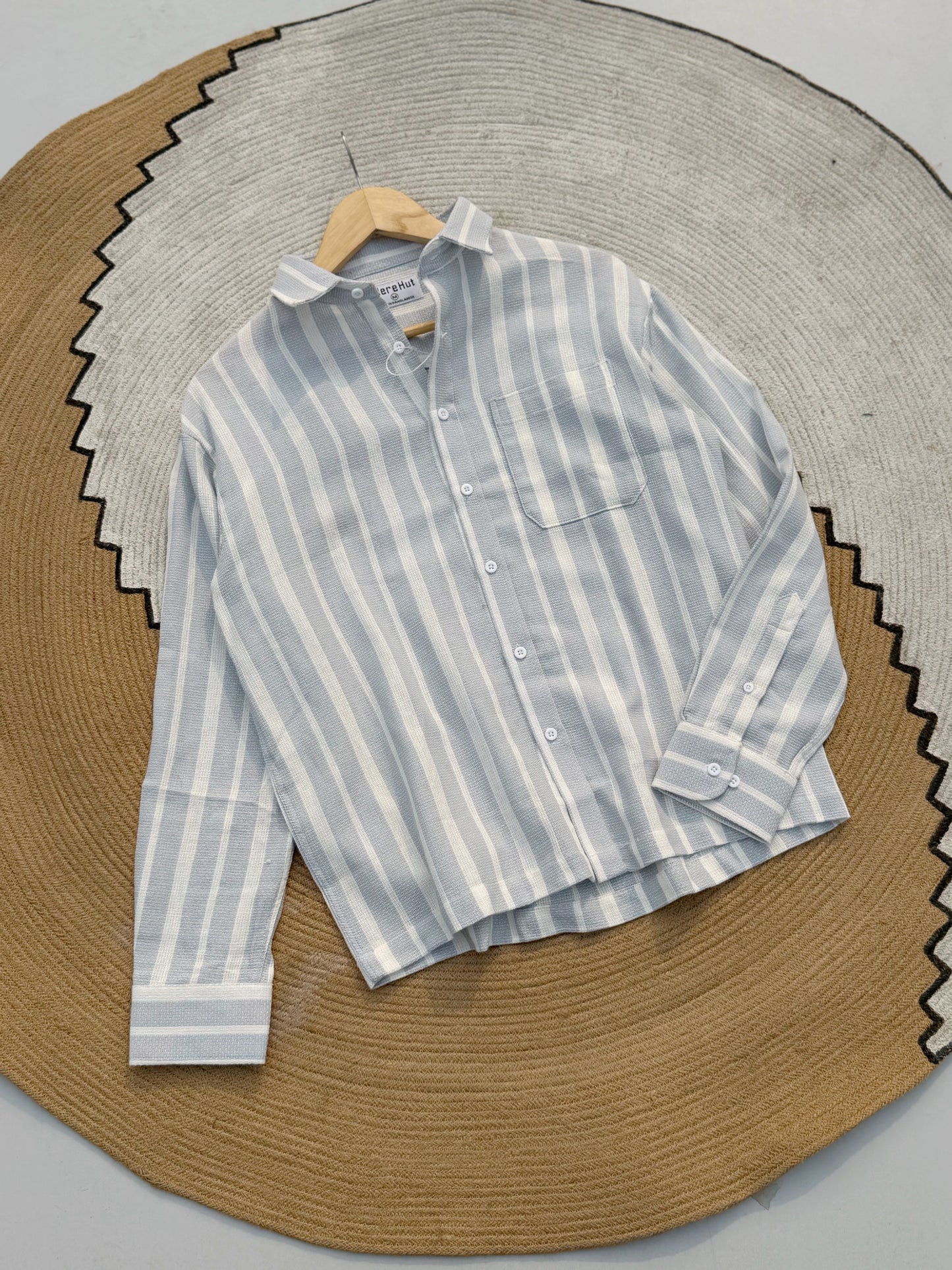 Premium Textured Mist Gray Stripe Boxy Shirt
