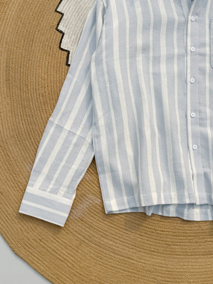 Premium Textured Mist Gray Stripe Boxy Shirt