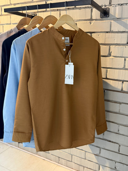 Premium Band Collar Shirt – Camel