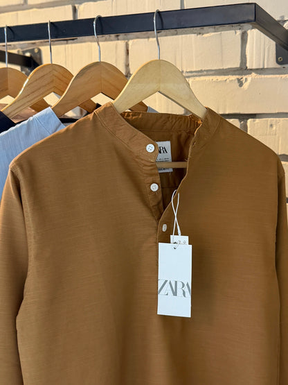 Premium Band Collar Shirt – Camel