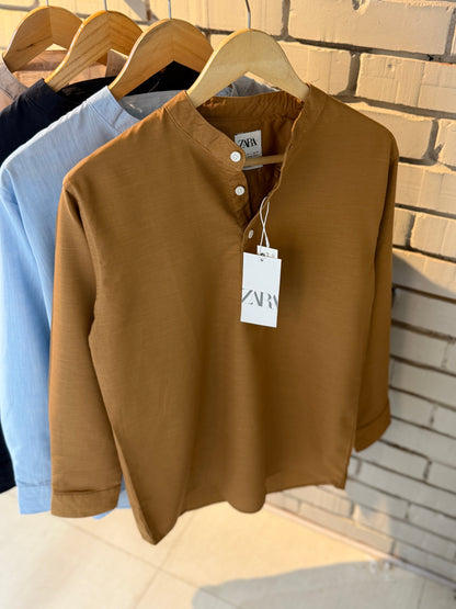 Premium Band Collar Shirt – Camel